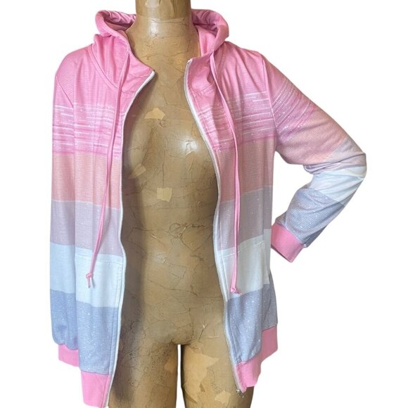 Pink Gray White Colorblock-Stripe Full Zip Hoodie Sz M #198J - Picture 2 of 8